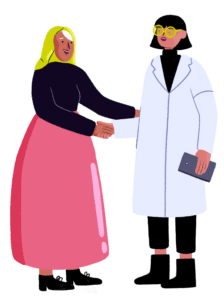 Guts UK cartoon of a woman wearing a yellow hijab, black long-sleeved top and long pink dress while shaking hands with a female researcher who is wearing transparent yellow glasses in a white lab coat and black trousers. Both cartoons are smiling at each other.