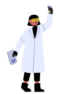A Guts UK cartoon of a scientist in a white lab coat with their left arm raised in the air and right hand holding papers.