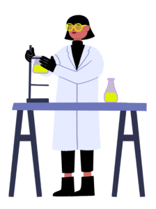 Guts UK branded character of a female researcher in a white lab coat holding up a flask with yellow liquid inside.