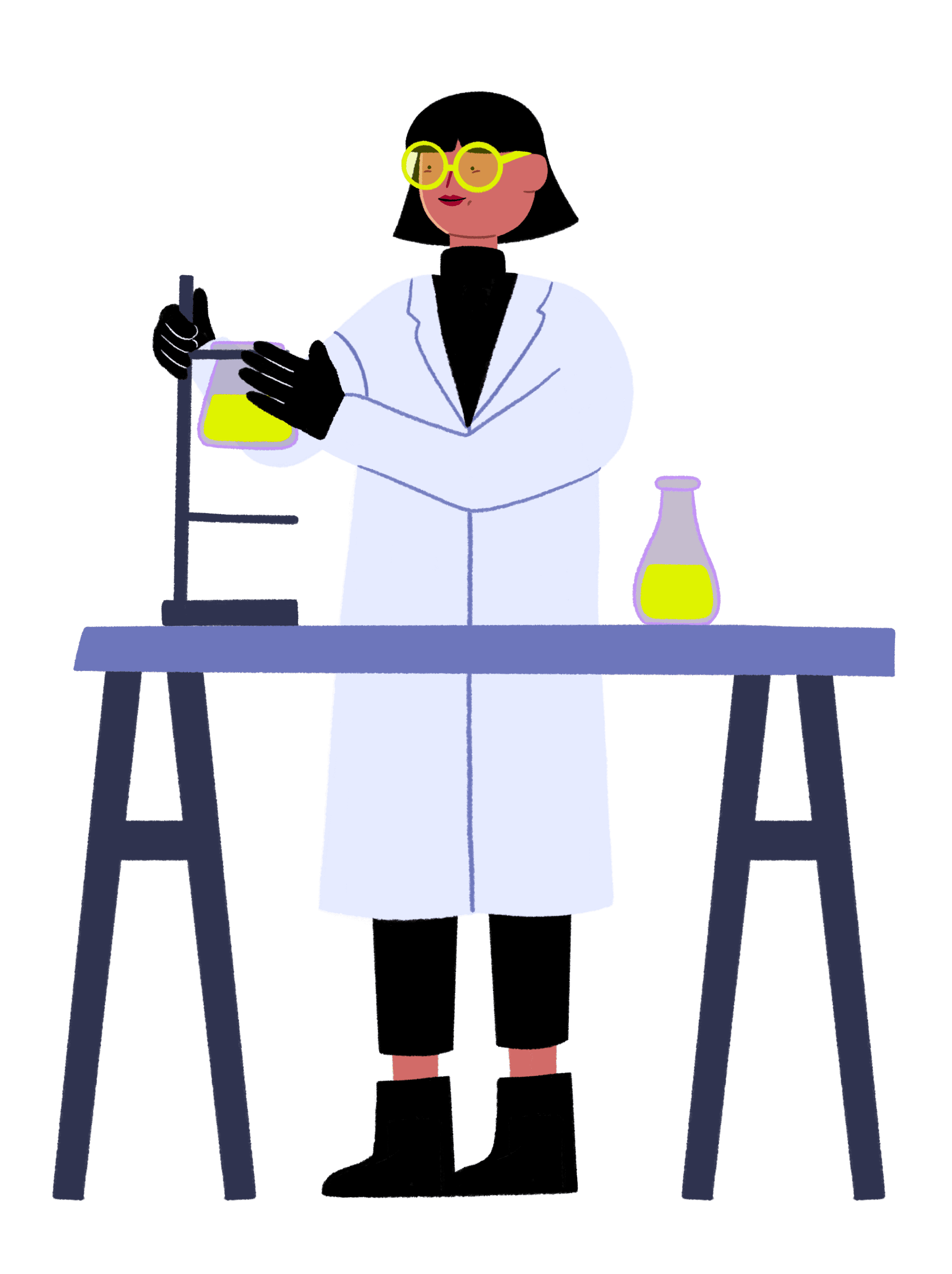 Guts UK branded character of a female researcher in a white lab coat holding up a flask with yellow liquid inside.