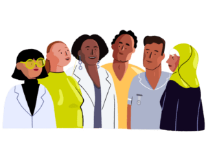 Guts UK cartoon of six people including a researcher wearing yellow glasses and a lab coat, a woman in a green shirt, a doctor wearing a lab coat, a male in an orange shirt, a male healthcare professional and a woman in a hijab. They are in a line and are smiling at each other.