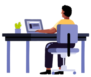 An illustration of a man wearing a yellow t-shirt sitting at a desk. He is looking at his laptop and there is a plant pot on the desk.