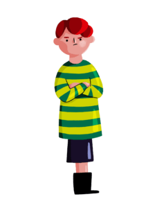 Guts UK's boy brand character is stood up, looking frustrated, with his arms folded