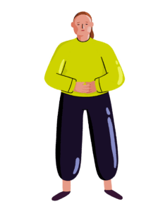Guts UK's female brand character is stood up, clutching her stomach, in pain, with a sad expression