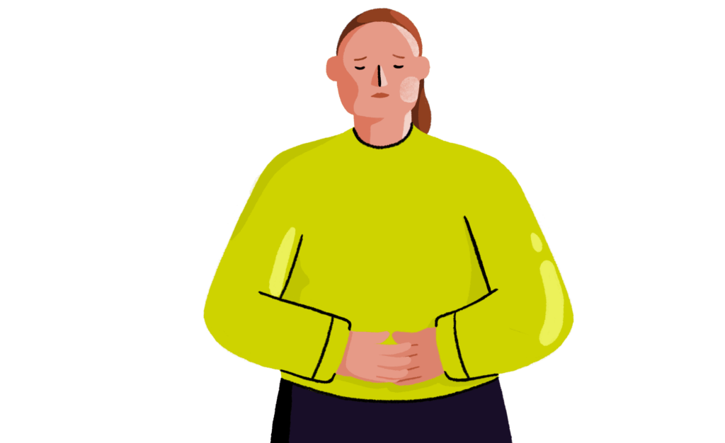 Guts UK's female brand character is stood up, clutching her stomach, in pain, with a sad expression