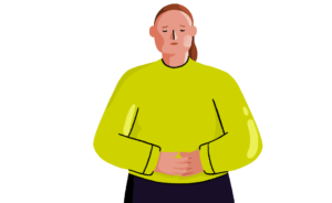 Guts UK's female brand character is stood up, clutching her stomach, in pain, with a sad expression