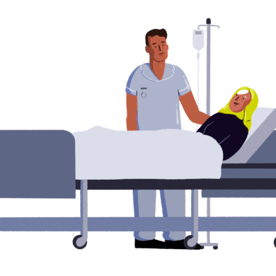 Guts UK brand characters of a male doctor standing by a hospital bed talking to a female patient lying down, who is wearing a black jumper and green hijab. A light grey duvet covers the rest of her body. There is a drip stand next to the patient.