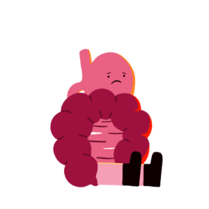Guts UK's gut brand character is sat down, facing left and looks sad.
