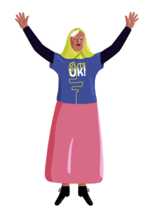 A female Guts UK brand character cheers with her hands up, wearing a hijab and a blue Guts UK t-shirt.