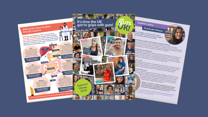 Three pages of the Guts UK Autumn Winter 2024 magazine are seen next to each other on a blue background.