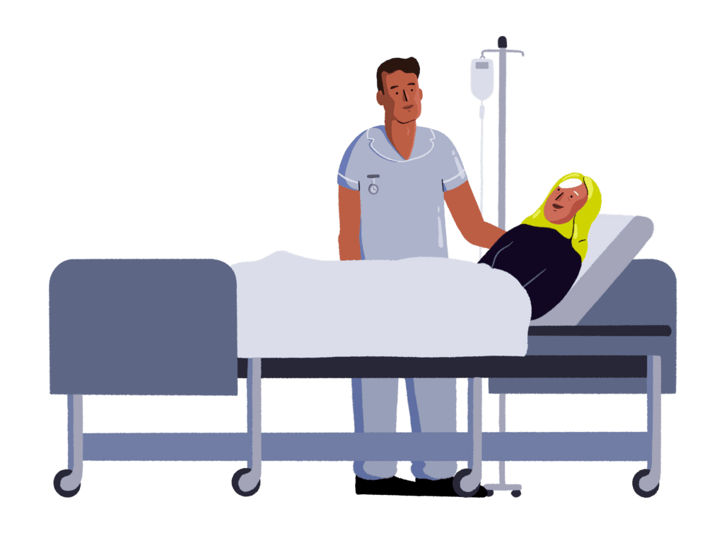 Guts UK brand characters of a male doctor standing by a hospital bed talking to a female patient lying down. There is a drip stand next to the patient.