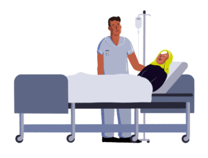 Guts UK brand characters of a male doctor standing by a hospital bed talking to a female patient lying down. There is a drip stand next to the patient.