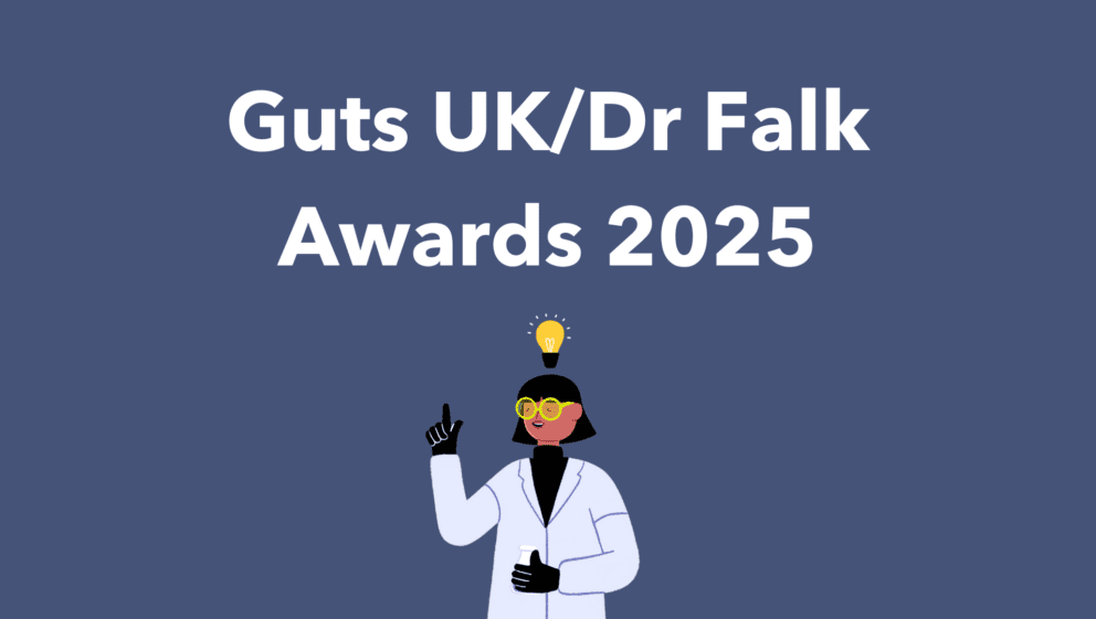 White text on a blue background reads Guts UK/Dr Falk Awards 2025 above an illustration of a researcher wearing a lab coat, holding a test tube with a light bulb above her head.