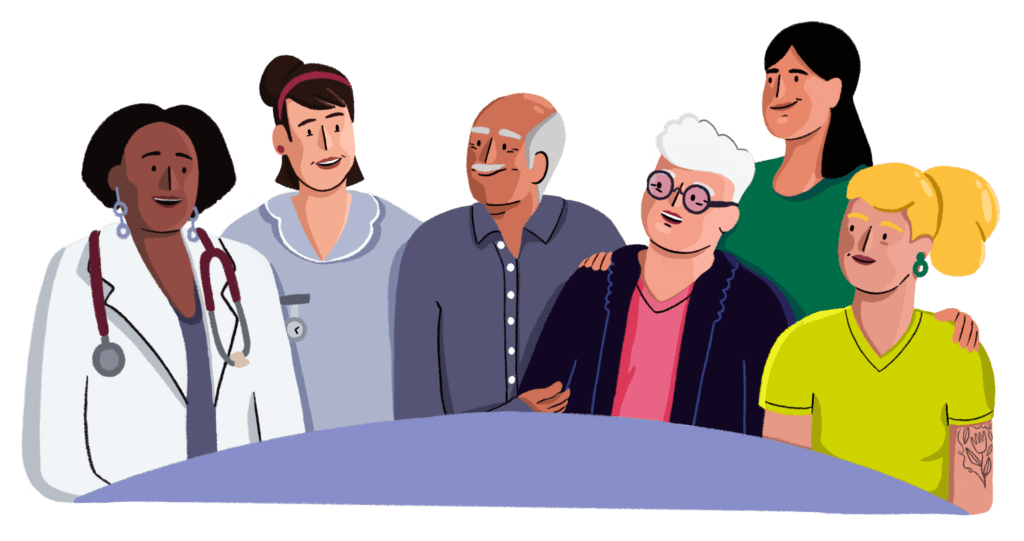 An illustration of a group of healthcare professionals and patients sat round a table.