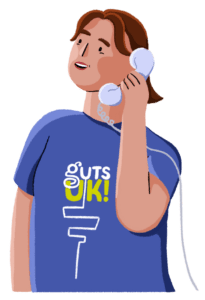 An illustration of a person answering a telephone call. They are wearing a blue Guts UK branded t-shirt.