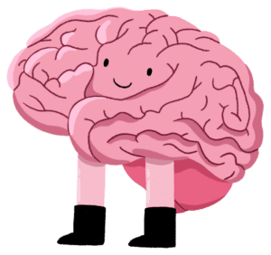 Guts UK's brand character illustration of the brain. The brain has been characterised with two small black eyes and a smile, and has two pale, pink legs, wearing black boots. 
