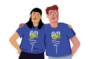 An illustration of two people standing next to each other with their arms around one another's shoulders. They are smiling and wearing Guts UK branded blue T-shirts.