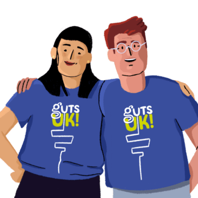 An illustration of two people standing next to each other with their arms around one another's shoulders. They are smiling and wearing Guts UK branded blue T-shirts.