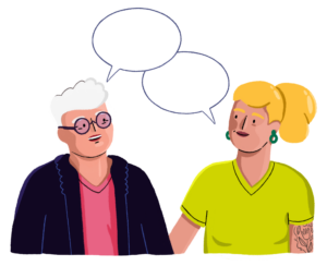An illustration of two people talking. There are speech bubbles above them.