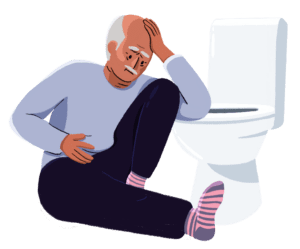 An illustration of a man sat next to a toilet. He has his head in his hands and is holding his stomach.
