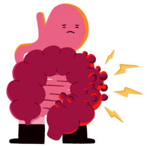 An illustrated character of a gut with an inflamed bowel that has diverticula pouches on it and lightening bolts coming off it.