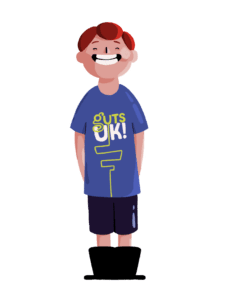 Guts UK brand character illustration of a boy wearing Guts UK t-shirt beaming with pride.