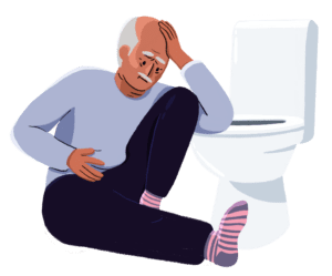 Illustration of man sitting next to a toilet clutching his stomach.