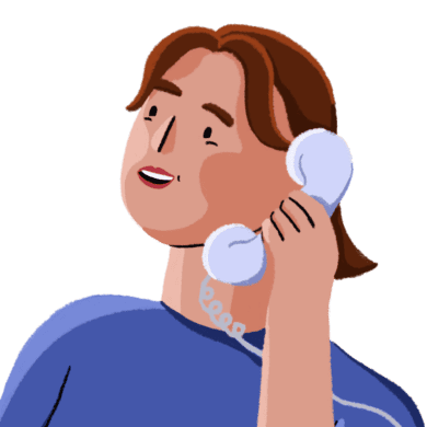 An illustration of a women wearing a blue Guts UK Charity branded t-shirt. She is holding a telephone to her hear.