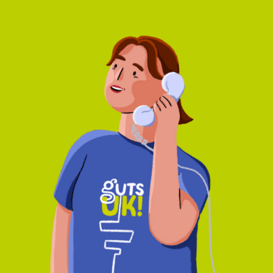 Guts UK illustrated character of a person wearing a Guts UK branded t-shirt who is talking to someone on the telephone.