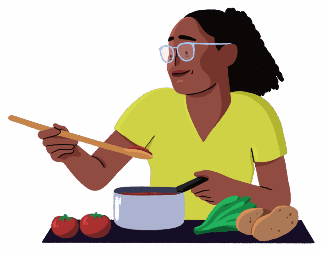 Guts UK brand cartoon characters of a woman cooking. She is raising a wooden spoon from the pan to taste the food and there are various vegetables in front of her. She is smiling and wears a green V-neck top.