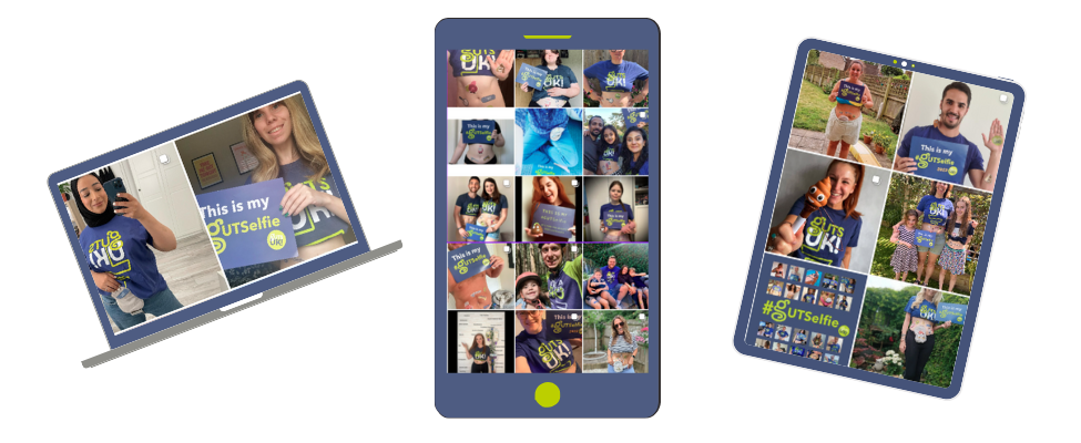 Mock up electronic devices of a laptop, phone and tablet, showing various #GUTSelfies