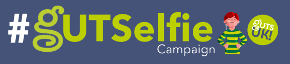 A #GUTSelfie banner which reads '#gutselfie campaign' and to the right, has a Guts UK brand illustration of a boy, with ginger hair, wearing a green horizontally striped jumper, with a feeding tube in his nose, smiling.