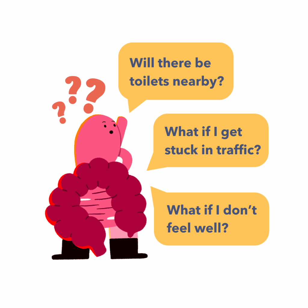Guts UK's brand character illustration of the gut, pointing upwards, asking questions "will there be toilets nearby?", "what if I get stuck in traffic?" and "what if I don't feel well?"