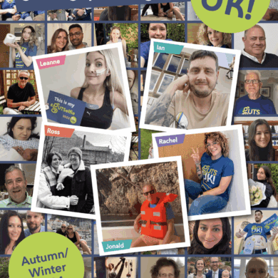 Front cover of Guts UK's autumn/winter magazine with a collage of supporter photographs, Guts UK logo and the words 'It's time to get to grips with guts.'