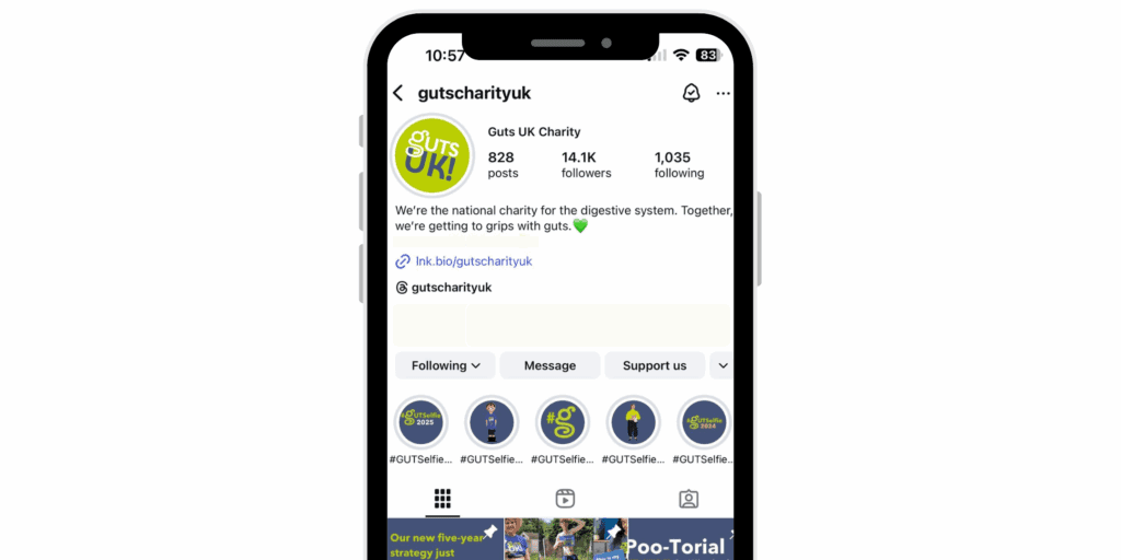 An iPhone mock up of Guts UK Charity's Instagram profile