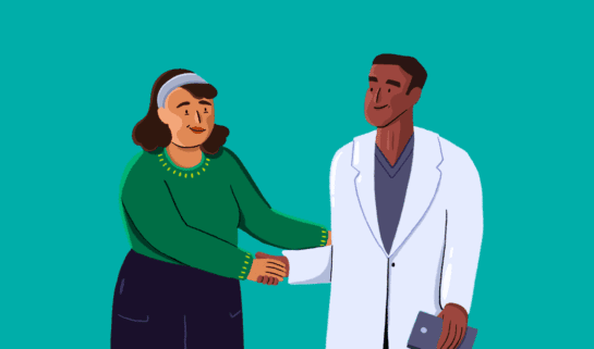 An illustration of a woman wearing a green jumper and blue trousers, shaking the hand of a man who is wearing a white doctors coat and holding papers in his hand.