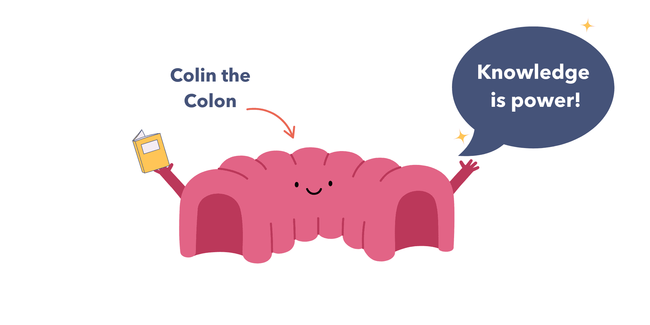 Guts UK brand illustration of Colin the Colon, holding a yellow book, with a speech bubble that reads "Knowledge is power!"