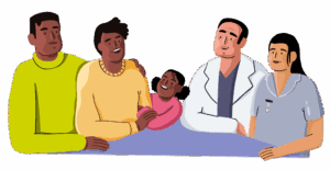 An illustration of two parents and a child talking to a doctor and nurse. They are sat round a table.