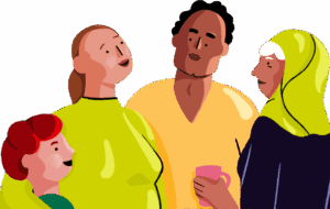 An illustration of a group of people including a child and three adults stand together in a huddle, talking to one another.