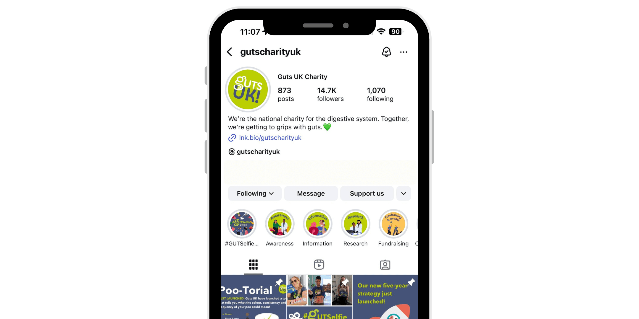An iPhone mock up of Guts UK Charity's Instagram profile