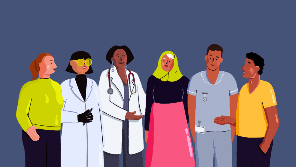 A blue background with an illustration of six people, made up of patients, a doctor, a nurse and a research scientist.