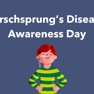 An illustration of a red haired boy wearing a striped green top. He has a feeding tube going into his nose. The illustration sits on a blue background with white text that reads: Hirschsprung's Disease Awareness Day.
