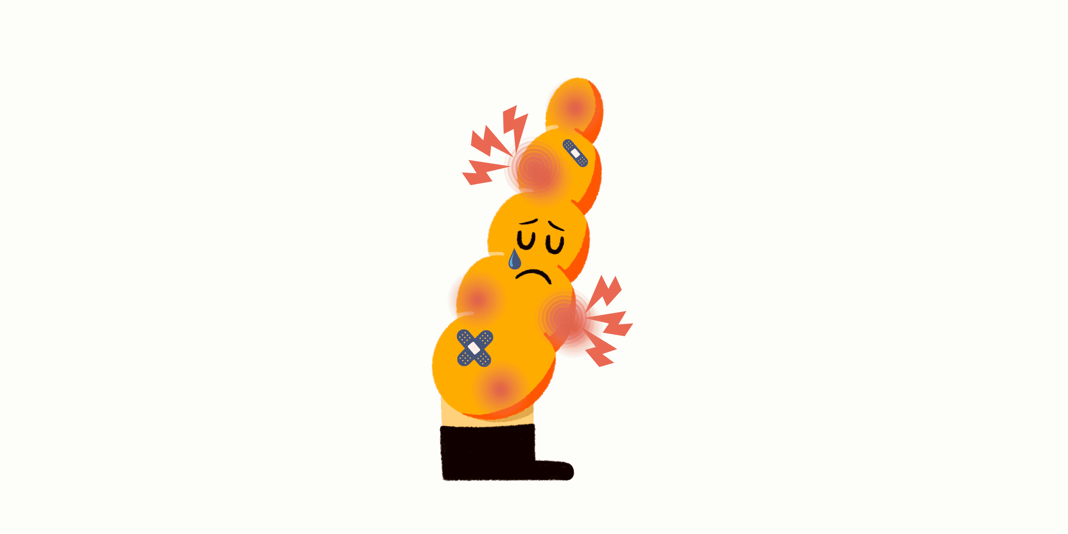 Guts UK brand character illustration of Pablo the Pancreas, looking sad, crying. He is yellow and wears black boots. He has navy blue plasters on him, as well as red pain points, with red lightning bolts coming off them.