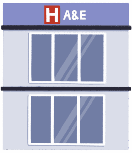 Guts UK's brand illustration of a blue, two-story hospital with narrow, tall windows. It has a sign on the top which includes a white “H” on a red background, with “A&E” next to it.