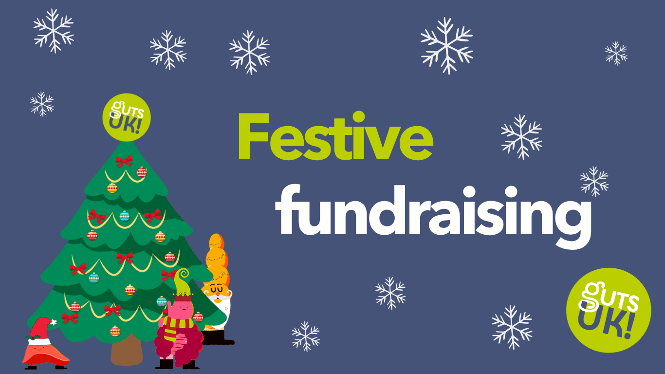 Guts UK's brand illustration of a decorated Christmas tree, with brand characters the pancreas, gut (oesophagus, stomach, small intestine and colon), and liver dressed festively and standing around the bottom of the tree. The text reads ‘Brand new! Download our Festive Fundraising Guide.’ The background is dark blue with snowflakes.
