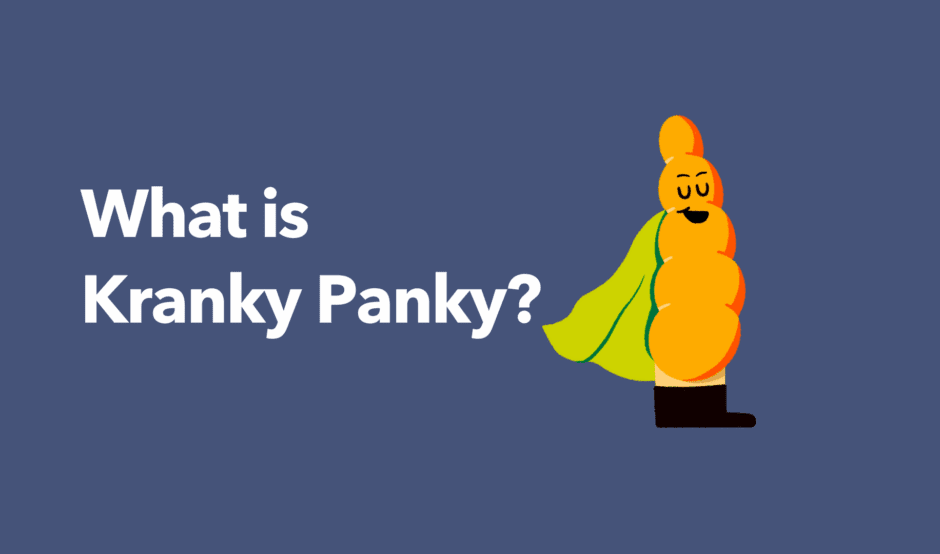 Guts UK's brand illustration character of the pancreas smiling widely with pride, squeezing their eyes closed and wearing a green cape. The pancreas is yellow and wears black boots. Text to the left reads 'What is Kranky Panky?'
