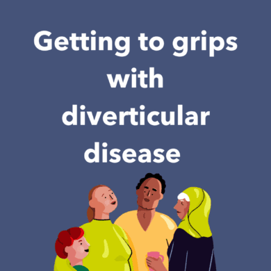 The title reads 'Getting to grips with diverticular disease' against a blue background. Beneath the text if a cartoon graphic of 4 people - one child and three adults with their arms around each other.