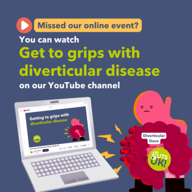 Guts UK promo: Watch “Get to grips with diverticular disease” on YouTube, featuring cartoon Diverticular Dave.
