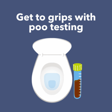 A simple, circular graphic icon on a dark background features a white toilet viewed from above, with the seat and lid up. To the right of the toilet, there is a clear, labeled sample collection tube with a bright yellow-green cap. The tube contains a brown liquid or solid substance, indicating a collected stool sample for testing. The overall image is set against a dark blue circular background, suggesting a medical or health-related process like a stool test. Text reads