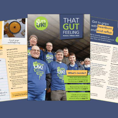 A flat lay of the front cover and excerpts of Guts UK's